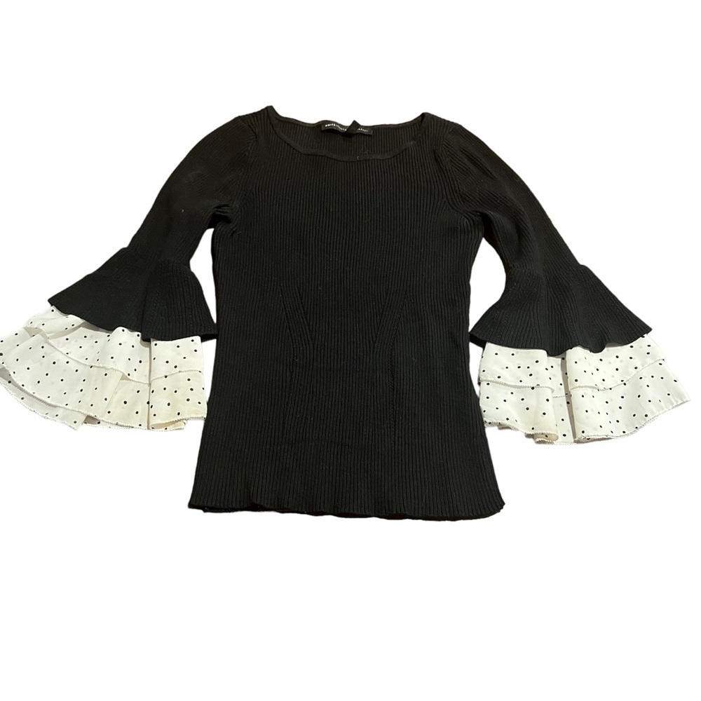 White House Black Market Scoop Neck Black Sweater Polka Dot Ruffle Sleeves XS
